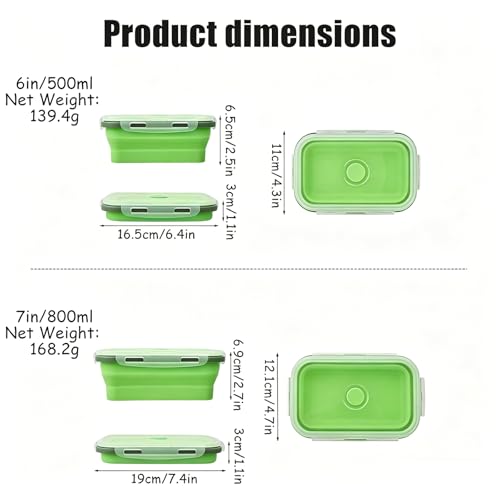 2 Pcs Collapsible Silicone Bowls with Lids, 500ml & 800ml Rectangular Foldable Food Storage Containers, Reusable Meal Prep Bowls, Microwave Freezer Safe, Ideal RV Camping Travel Accessories,Green - color: Green