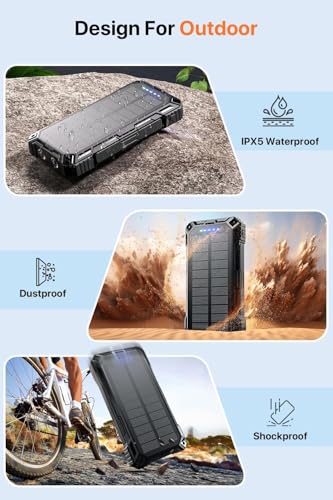 Solar Power Bank,49800mAh Portable Charger Wireless Charging USB-C 15W Fast Charging with 4 Built-in Cables LED Flashlight Battery Pack Compatible with iPhone, iPad, Galaxy, Perfect for Camping/Hiking
