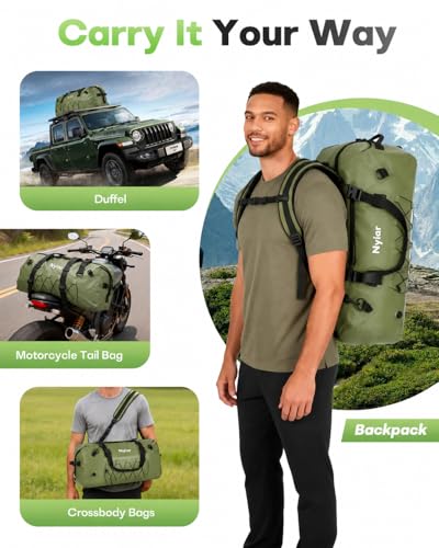 60L Waterproof Duffel Bag Motorcycle Dry Bag Backpack, Heavy-Duty Roll-Top Waterproof Bag with Sealed Seams & Waterproof Zipper for Riding, Kayaking, Camping & Travel (Green)