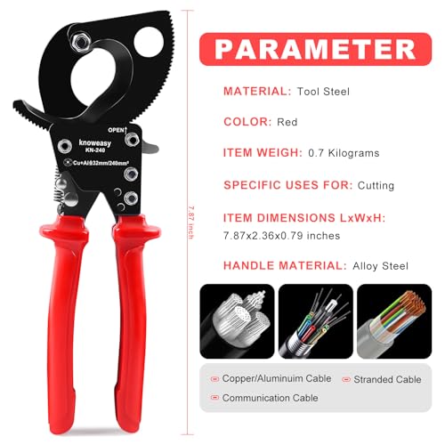 Knoweasy KN-240 Upgraded Cable Cutter and Ratchet Wire Cutter Works for Aluminum and Multi-core Cables up to 240mm - size: KN240