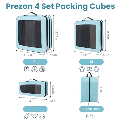 Compression Packing Cubes for Travel, Lightweight Vacation Travel Essentials, Travel Accessories for Suitcase Organizer Bags Set, Durable Luggage Organizer - color: Mint Blue, size: 4 set-Square Mesh