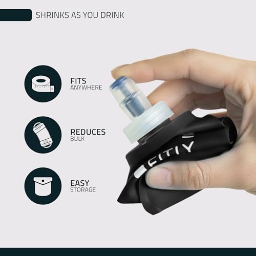 FITLY Soft Flask - Shrink As You Drink Soft Water Bottle for Hydration Pack - Folding Water Bottle Ideal for Running, Hiking, Cycling, Climbing & Rigorous Activity - color: Black, size: 13.5 Ounces