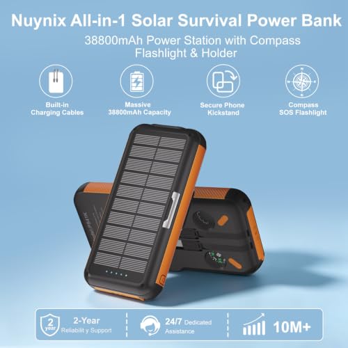 Solar Power Bank 38800mAh with Built-in Cable, PD 20W, 22.5W Fast Charging | Waterproof Outdoor Design with LED Flashlight, Compass & Thermometer