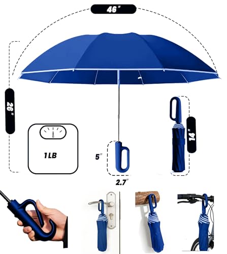SIEPASA Travel Umbrella with Carabiner Handle - Windproof 10 Ribs Auto Open/Close for Rain & Sun Protection, Compact Portable Clip-on Backpack Design with Safety Reflective Strip. - color: Royal Blue