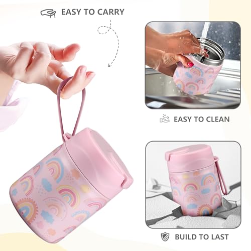 Pawtong 17oz Soup Thermo for Hot Food Kids Insulated Vacuum Food Jar with Stainless Steel Spoon Wide Mouth Thermo Leakproof Lunch Food Container Kids Hot Lunch Box (Pink-Rainbow) - color: Pink-Rainbow