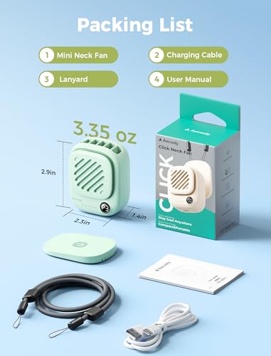 Aecooly Mini Portable Neck Fan, Mighty Hands Free Fan, Magnetic Fit - color: Green, size: Magnetic