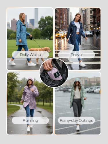 SaphiRose Women's Lightweight Long Rain Jacket Packable Raincoat Hooded Outdoor Trench Coats - color: Light Purple, size: XX-Large