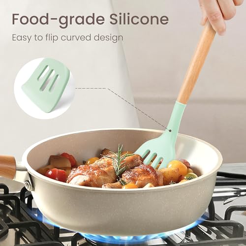 NCUE 26-Piece Food Grade Silicone Kitchen Utensils Set with Wooden Handles - color: Light Green-B, size: 26 Piece