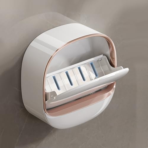 Flip Top Soap Holder with Drain – Wall Mounted, No Drill Self-Draining Soap Dish for Shower, Bathroom & Kitchen, Easy Install & Removable - White