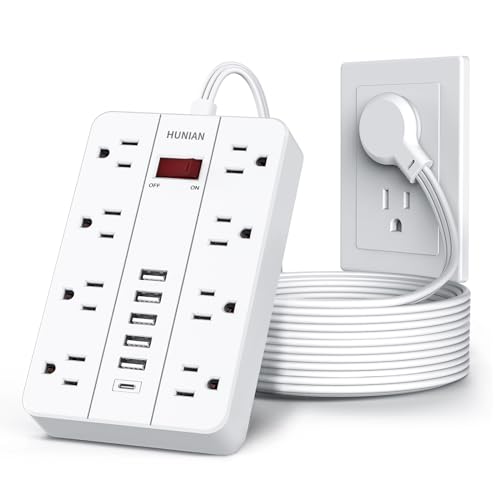 Flat Extension Cord, HUNIAN 10Ft Flat Plug Power Strip, White | 8 Widely Spaced Outlets 6 USB (1 USB C Port), Wall Mount Charging Station for Home and Office - color: White, size: 10FT