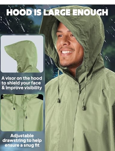 ANYOO Waterproof Rain Poncho for adults Lightweight Reusable Hiking Hooded Coat Jacket for Outdoor Activities - color: Tea Green
