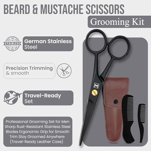 Beard & Mustache Scissors –5" Stainless Steel Grooming Kit with Case - color: Black