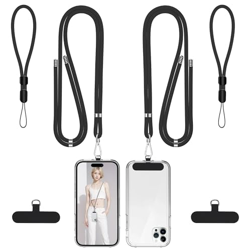 Phone Lanyard, 2 Pack Soft Nylon Neck Strap Universal Cell Phone Lanyard and 2 Pack Phone Wrist Strap with Durable Pads for Most Smartphones-Black - color: Black+black