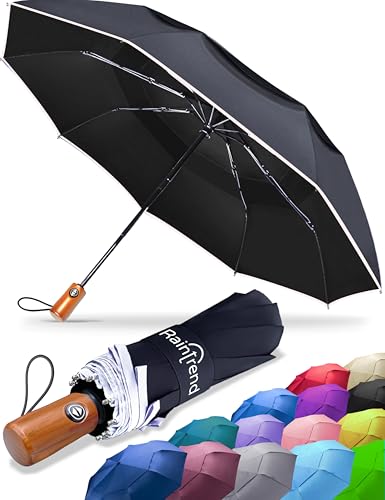 Raintrend Windproof Travel Umbrellas for Rain Automatic +10% Bigger Canopy Strong Frame Compact Folding Portable Umbrella for Women Men Backpack Purse - color: F1 Reflective Strip