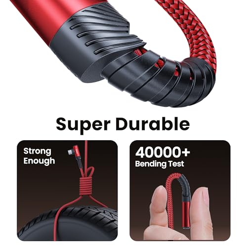 toocki USB C Cable Right Angle, 2-Pack 6.6ft USB A to USB C Charger Cable | Red, 90 Degree, Braided, Fast Charging, Carpaly Cord for iPhone17 Series, Samsung Galaxy S25/ S24+/Note 10, LG V30, Switch - color: Red, size: 6.6FT+6.6FT