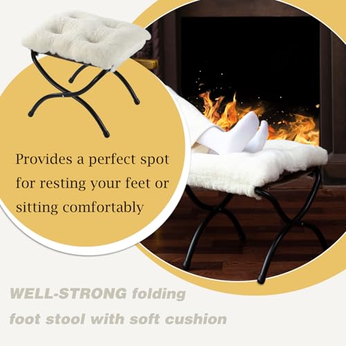15" Faux Fur Upholstered Folding Foot Rest Stool with Metal Frame Beige - color: Fleece-beige