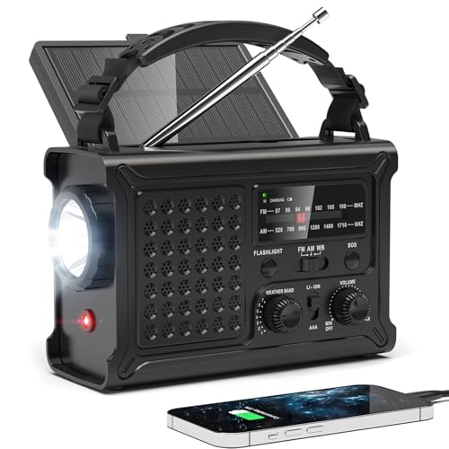 NOAA Emergency Weather Radio, 12000mAh Portable AM/FM, Hand Crank & Solar - color: Black