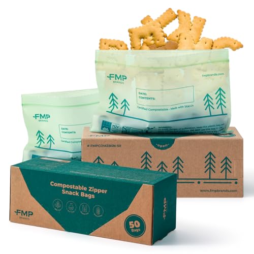 Fit Meal Prep 50 Pack 100% Compostable Snack Bags, 6.5 x 4.1" Resealable Food Storage Bags Snack Size, Plant-Based Freezer Bags for Food, ASTM D6400, US BPI & EU OK Compost Certified - style: Snack