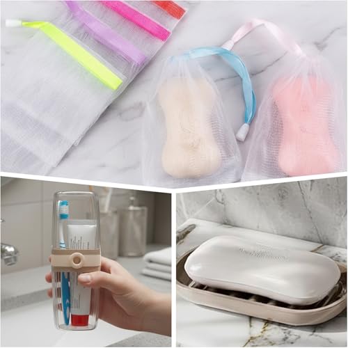 3PCS Toothbrush Travel Case Set, Soap Dish and Toothbrush Holder Set with Lather Net, Toothbrush Holder with Cover and Covered Toothbrush Holder for Bathroom Organization Toothbrush Holders with Cover