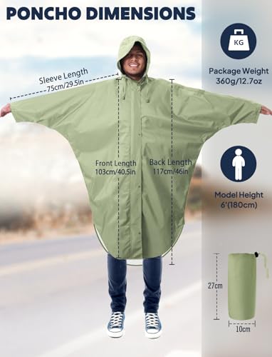 ANYOO Waterproof Rain Poncho for adults Lightweight Reusable Hiking Hooded Coat Jacket for Outdoor Activities - color: Tea Green