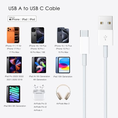 6FT USB C Apple TV Remote Cable for Apple TV Remote (3rd Gen), 4th Gen, Siri Remote (3rd Gen), 4K Remote (3rd Gen), iPhone 17 16 15, 17/16/15 Pro Max,17Air, 16 15 Plus Car Charger Cable Replacement - color: White, size: 6FT, style: USB A to USB C (for 17/
