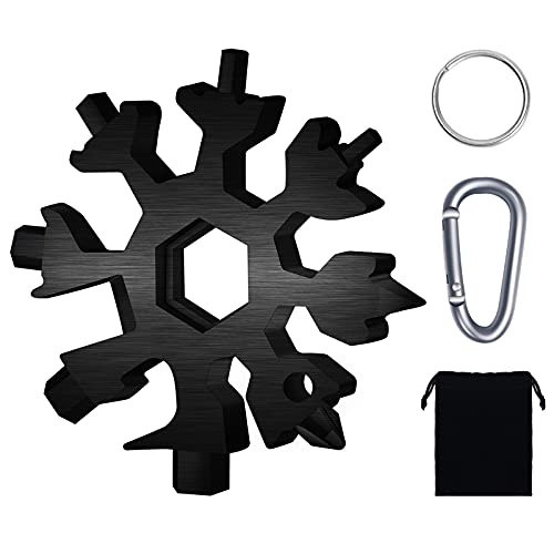 Snowflake Multitool, 1 Pieces 18-in-1 Stainless Steel Snowflake Standard Multitool, Snowflake Tool with Key Ring, Carabiner Clip and Gift Bag (Black) - color: Black, size: 1 PCS