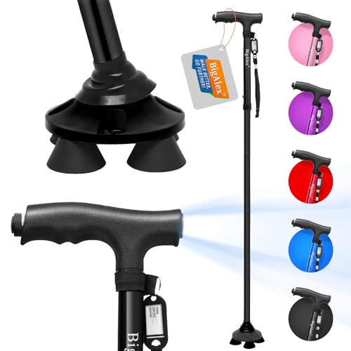 BigAlex Folding Walking Cane with LED Light,Pivoting Quad Base,Adjustable Walking Stick with Carrying Bag for Men/Women - color: Black(4'9"-5'6")
