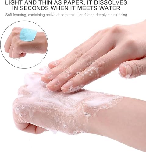 2 Boxes 100Pcs Portable Soap Sheets, Mini Portable Travel Soap Paper Sheets Disposable Water Soluble Hand Washing Bath Scented Paper Soap Camping Hiking and Shampoo for Outdoor(White&Purple)(ZS562)