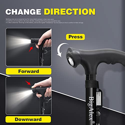 BigAlex Folding Walking Cane with LED Light,Pivoting Quad Base,Adjustable Walking Stick with Carrying Bag for Man/Woman (Alloy Base) - color: Black(30"-35")