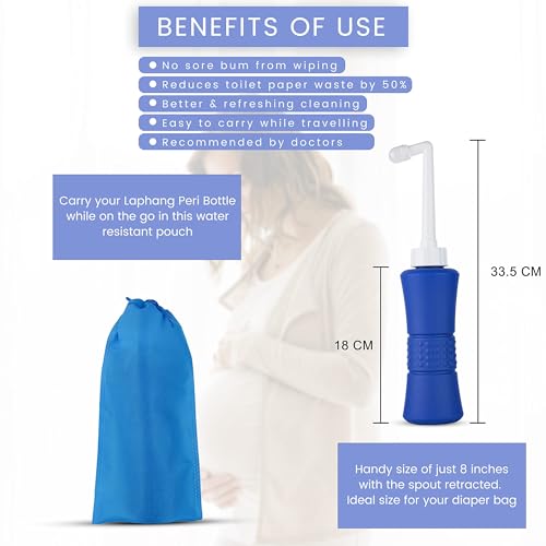 XL laphang Portable Bidet 500ml Blue Peri Bottle with Waterproof Pouch and Cap – PP + TPR, Leak Proof & Scratch Resistant –Perineal Bottle for Postpartum Hemorrhoids Healing, Maternity Kit Essentials
