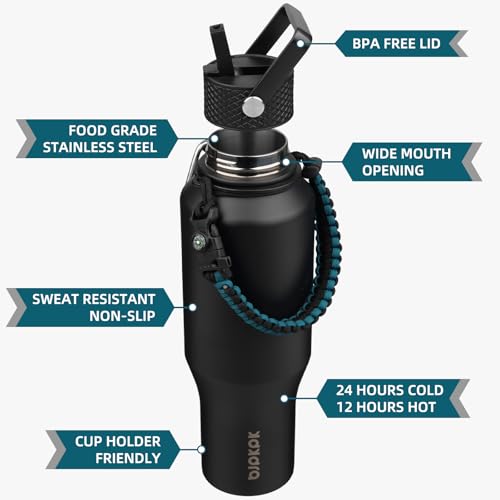 BJPKPK 35oz Insulated Water Bottle with Straw Lid, Stainless Steel Bottle - color: Black, style: 35oz