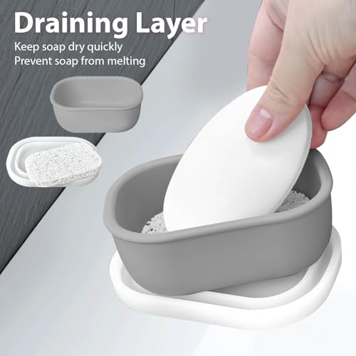 Leakproof Silicone Travel Soap Case with Drainage Layer, Silicone Bar Soap Holder Compact Portable Shatterproof Soap Container Box for Bathroom Gym Camp Travel Toiletries (Gray, Clear Lid) - color: Gray, size: Clear Lid