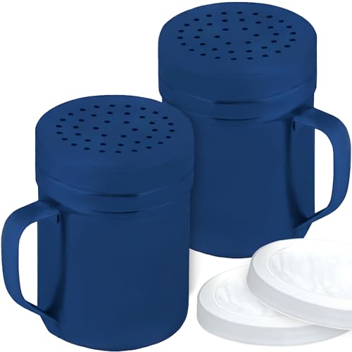 CUSINIUM 10oz Navy Blue Stainless Steel Salt Pepper Dredge Shakers - With Plastic Cap - With Handle - Pack of 2 - color: Navy Blue, size: 10 Oz