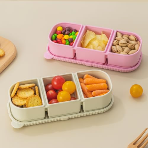 2Pack Silicone Reusable Snack Containers with Lids | Small 3-Compartment Snackle Box |Perfect for Kids Lunch, Sauce, Food Storage at School, Work, Travel - color: 3-Compartment (2-Pack)-Apricot,pink