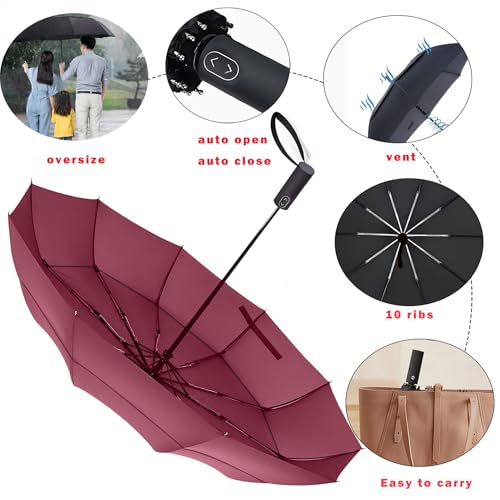 MRTLLOA Compact Golf Umbrella, 10 Ribs Vented Windproof Travel | 49/54/62 Inch Large Oversize, Double Canopy, Quick-Dry Fabric, Lightweight, Umbrellas for Rain - color: Burgundy, size: 54 Inch