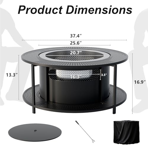 Gotland 37inch Smokeless Outdoor Fire Pit, Larger Round Metal Firepit with Lid Fire Poker Waterproof Cover, 2 in 1 Outdoor Fireplace, Fire Pits for Outside Wood Burning, BBQ, Camping, Heating, Bonfire - size: 37 inch