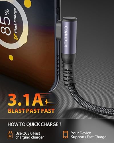CONMDEX USB C Cable 10Gbps [1ft, 2Pack] Right Angle, 3.1A Fast Charge Cord | 90° Right Angle for Android Auto & CarPlay & Gaming | USB 3.1 Gen 2 | Nylon Braided + Aluminum | for iPhone 17 16 Galaxy S26 - size: 1ft+1ft
