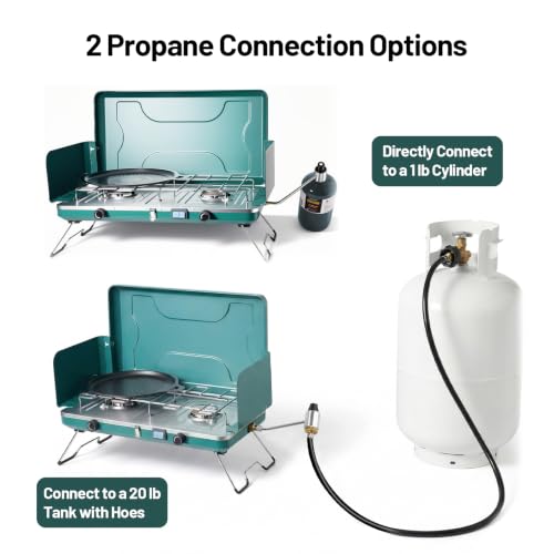 2 Burner Propane Stove, 20000BTU Portable Camping Stove with 2 Adjustable Burner and Wind Guards, Camping Cooktop with Ignition & Griddle for Camping,Tailgating, BBQ, Grilling,Outdoor Gear - color: Deep Green