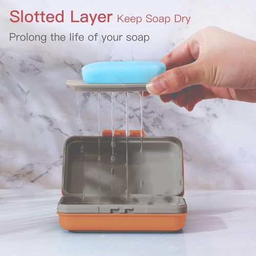 Quatish Leakproof Bar Soap Holder Dish with Lid for Shower, Portable 1 Pack Travel Soap Case Box for Gym, Camping, Hiking, Outdoor Use, Travel Size Toiletries Essentials, Keeps Soap Dry, Orange - color: Orange