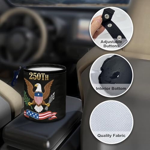 250TH of America Flag Eagle Car Rubbish Bag Can Reusable Hanging Auto Garbage Organization Can Bin with Adjustable Strap for Camping - color: 250TH of America Flag Eagle