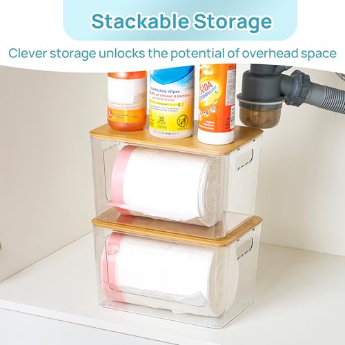 Vtopmart 2 Pack Trash Bag Holder with Bamboo Lid, Garbage Bag Dispenser | Stackable Trash Bag Organizer for 13/30/33 Gallon Bags, Clear Organizer Bins for Under Sink, Laundry Room Organization - size: 2 Pack with Bamboo Lid