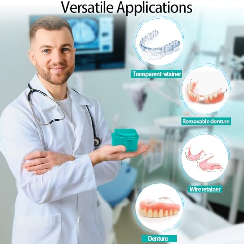 2 Pack Denture Bath Case Cup with Lid and Strainer Basket, Retainer Cleaner Case Dental False Teeth Container with 2 Travel Brushes, Lake Green and Dark Blue - color: Lake Green & Dark Blue