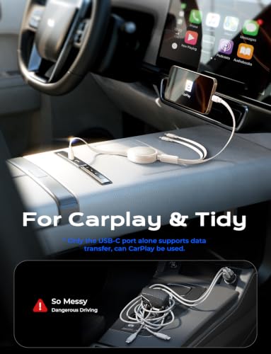 LISEN Multi Charging Cable, 3 in 1 Retractable Charging Cable, Retractable Car Charger with Type C/L/Micro USB Ports for iPhone 17 16 15 14 Pro/Samsung Galaxy S25/Kindle, Car Accessories, Off-White - color: Off-White, size: 3.7FT