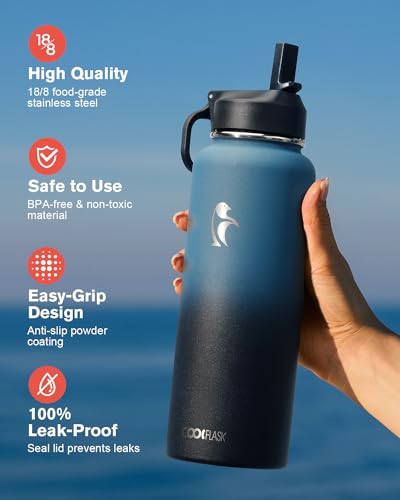 Coolflask 40 oz Water Bottle Insulated with Straw & 3 Leakproof Lids - color: Samurai Cyan, size: 40 Ounces