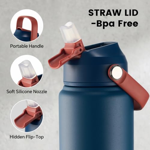 Fijinhom 24 oz Insulated Water Bottle with Straw Lid, Stainless Steel Water Bottles, Double Wall Vacuum, Portable Handle & Non-slip Bottom, BPA Free Leak Proof Metal Bottles, Keep Cold 24H, Blue/Red - color: Blue/Red, size: 24 Ounces