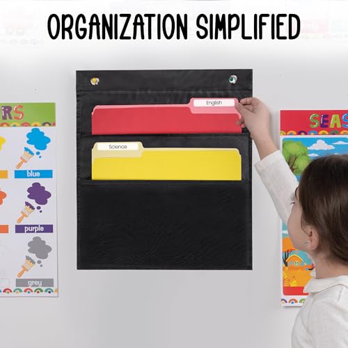 Essex Wares - 2 Pocket File Folder Pocket Chart, Black, 14" Wide x 16" Tall | Versatile Wall Hanging File Folder Organizer for Classrooms, Offices, Home, and More - Wall Folder Organizer - size: 2 Pocket