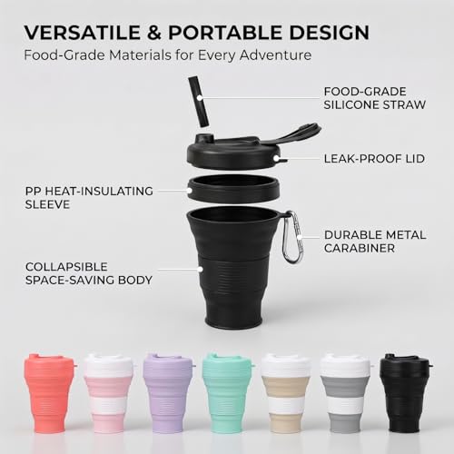 Silicone Coffee Cup with Straw lid Collapsible Cups for Traveling 20oz Lightweight Folding Water Mug for Picnic Hicking Camping Climbing - color: Purple