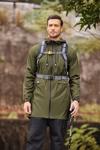 COOFANDY Men's Long Raincoat Ligtweight Rain Jacket Waterproof Outdoor Jackets with Hood - color: Olive Green, size: Small