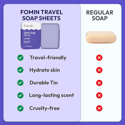 FOMIN - Paper Soap Sheets for Traveling - 300 Lavender Portable Hand Soap Sheets for Travel in Tin - Dissolvable Mini Portable Travel Soap Sheet for Hand Washing, Camping and Hiking - color: Lavender (Pack of 3)
