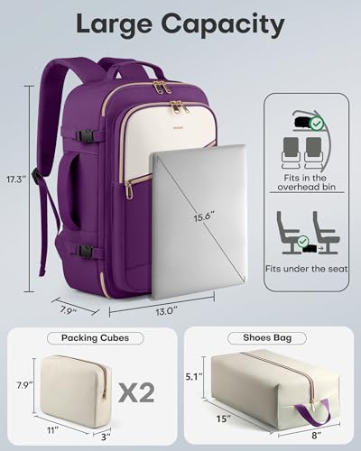 HOTOR Travel Backpack Women, 3 Packing Cubes Carry on Luggage - color: Dark Purple, size: 17.3" x 13.0" x 7.9"